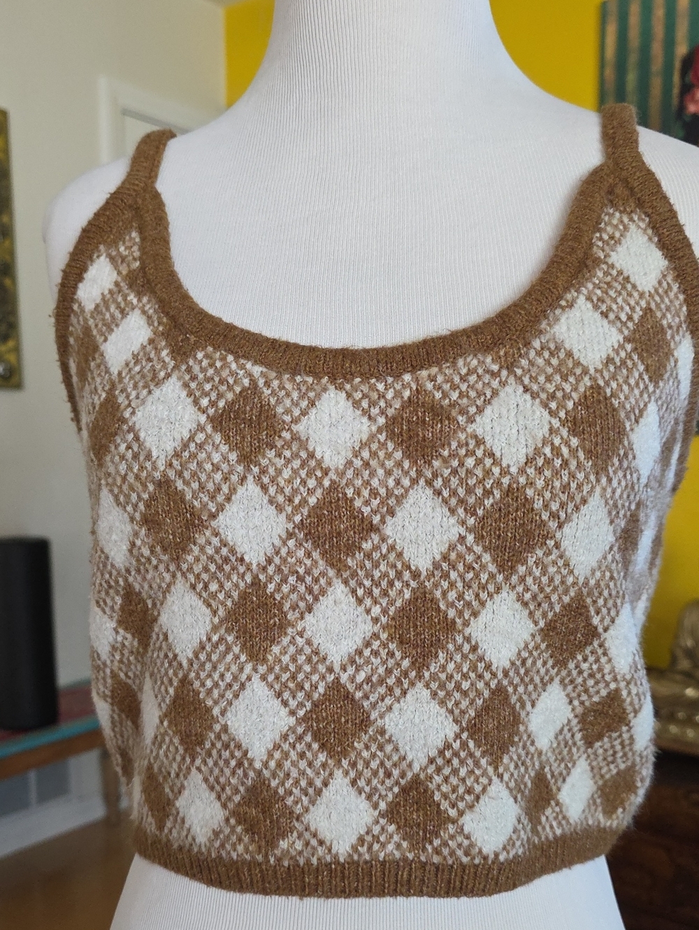 Zara Brown and Cream Argyle V-Neck Knit Cropped Tank